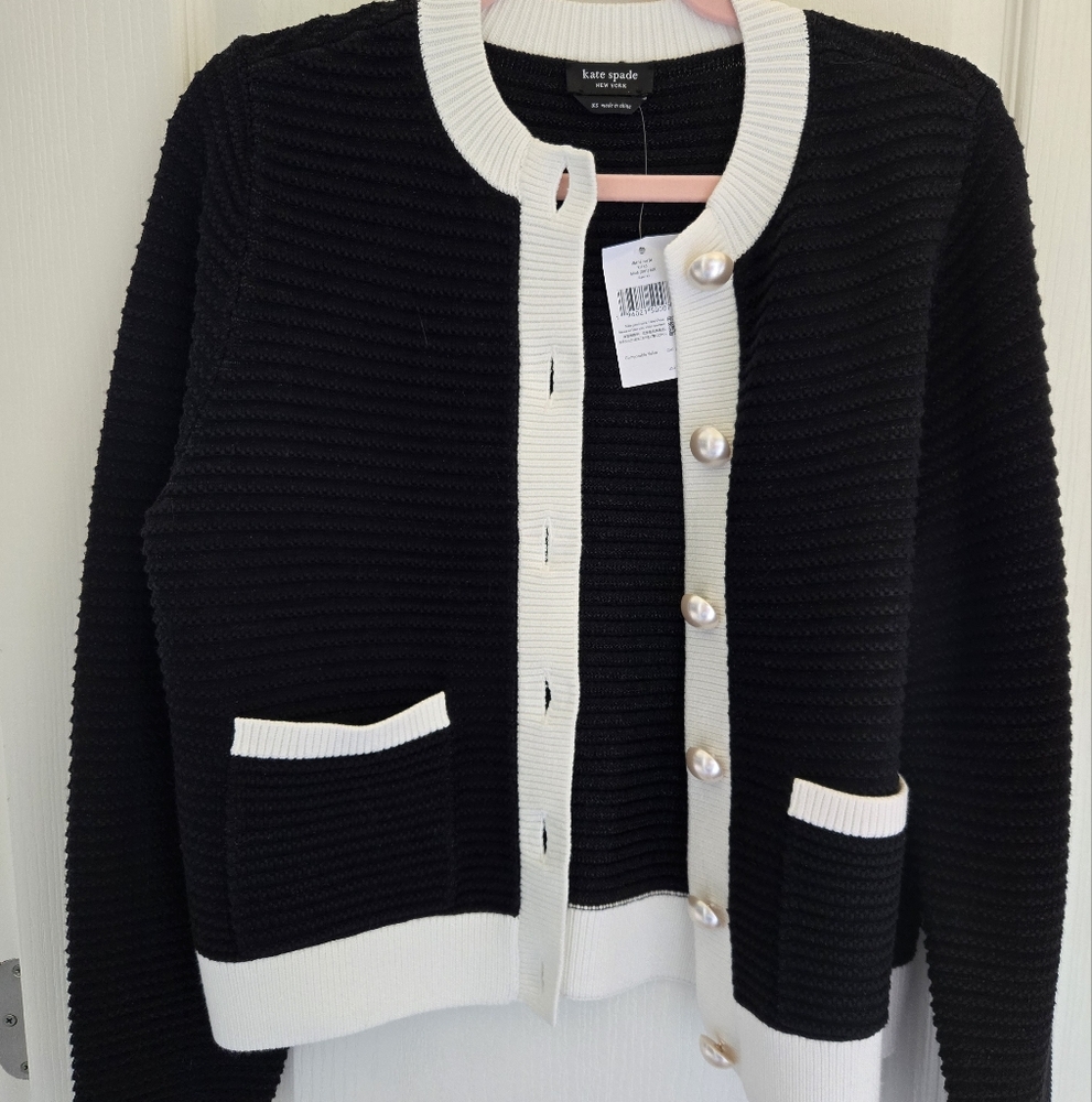 NWT $369 Kate Spade Black and Cream Cardigan Size XS
